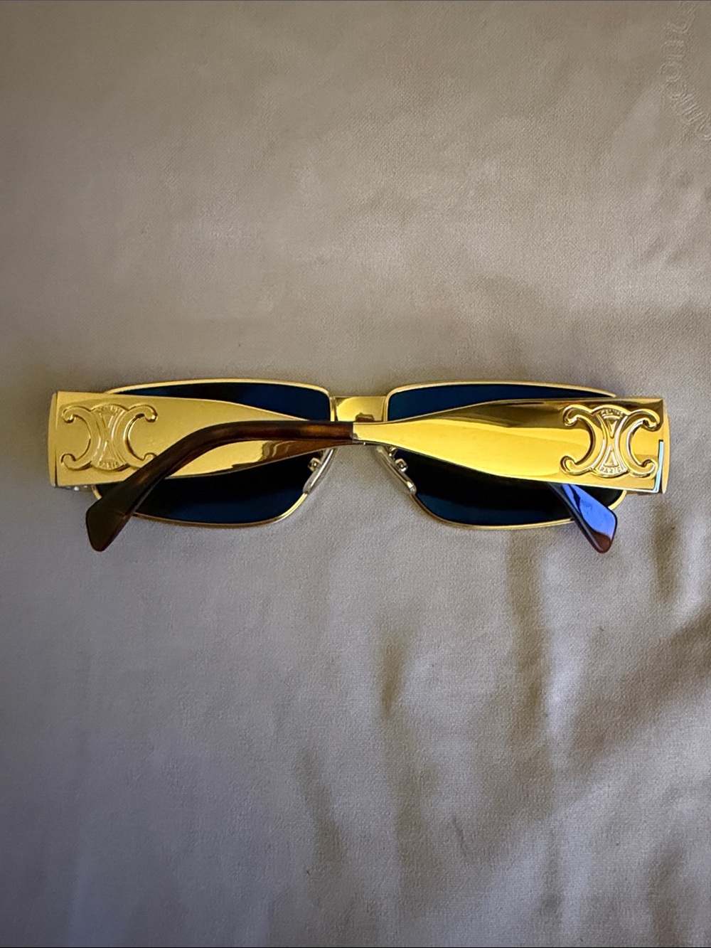 Gold “Celine”Baroque Rectangular Sunglasses with Black Lenses